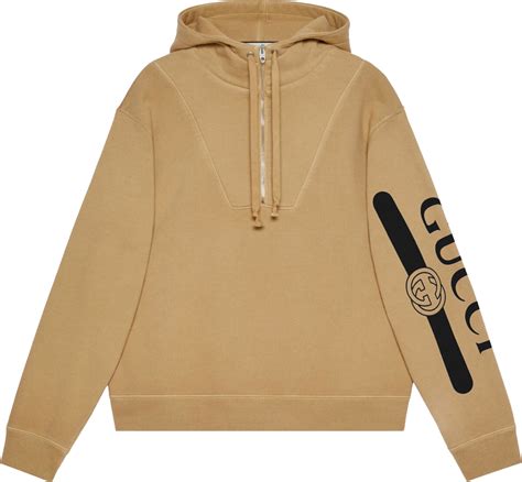 beige gucci hoodie with blue printing arm|gucci sweatpants for men.